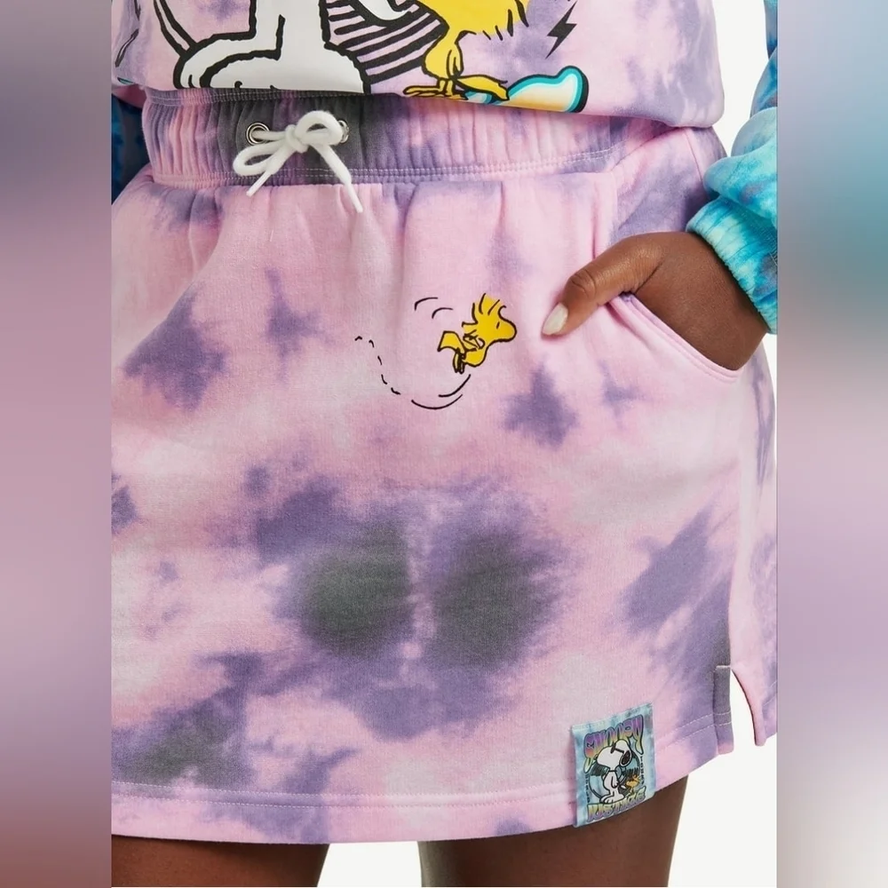 NWT Justice Girls Pink Purple Tie-Dye Snoopy Fleece Skirt Skort Size Large 12/14